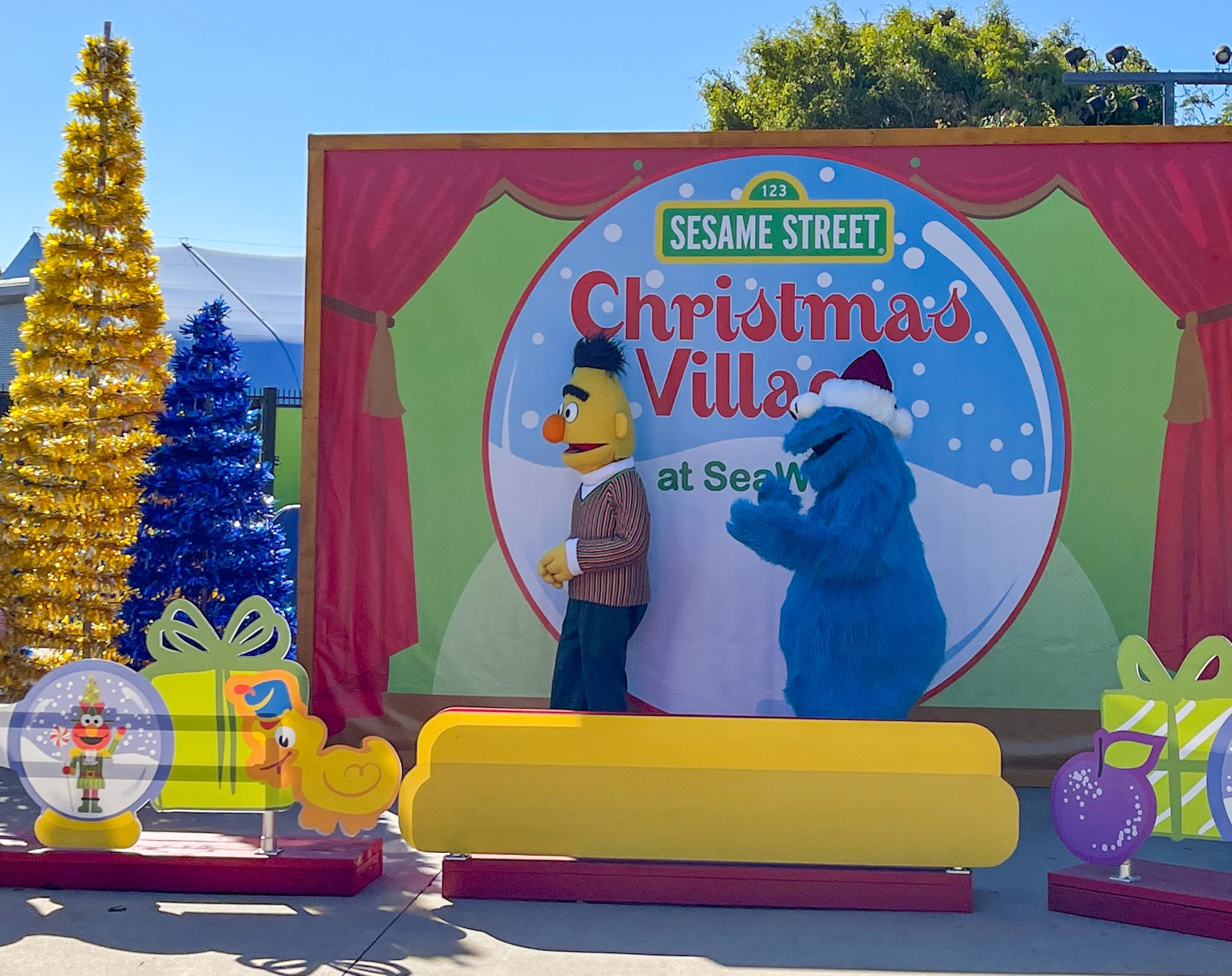 Bert and Grover welcome kids at SeaWorld San Diego Christmas.
