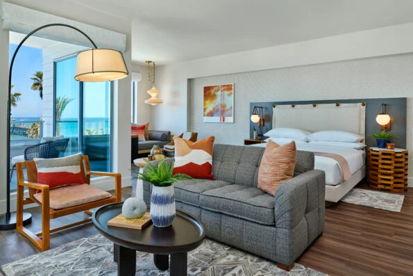 Room with living area at Mission Pacific Hotel in Oceanside.