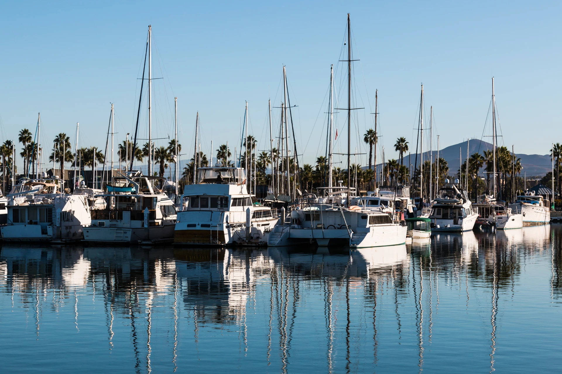 Boats moored in the bay in Chula Vista, San Diego.
