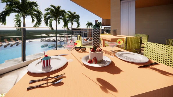 A table set in a lounge about the pool at Sun Outdoors San Diego Bay in Chula Vista.