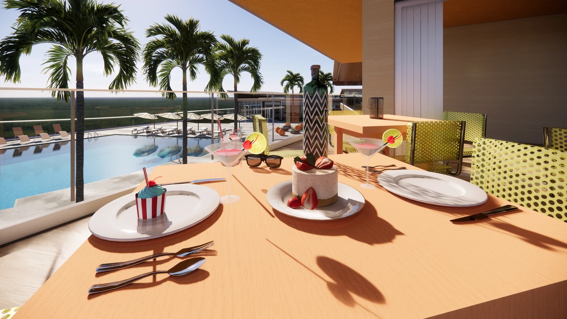 A table set in a lounge about the pool at Sun Outdoors San Diego Bay in Chula Vista.