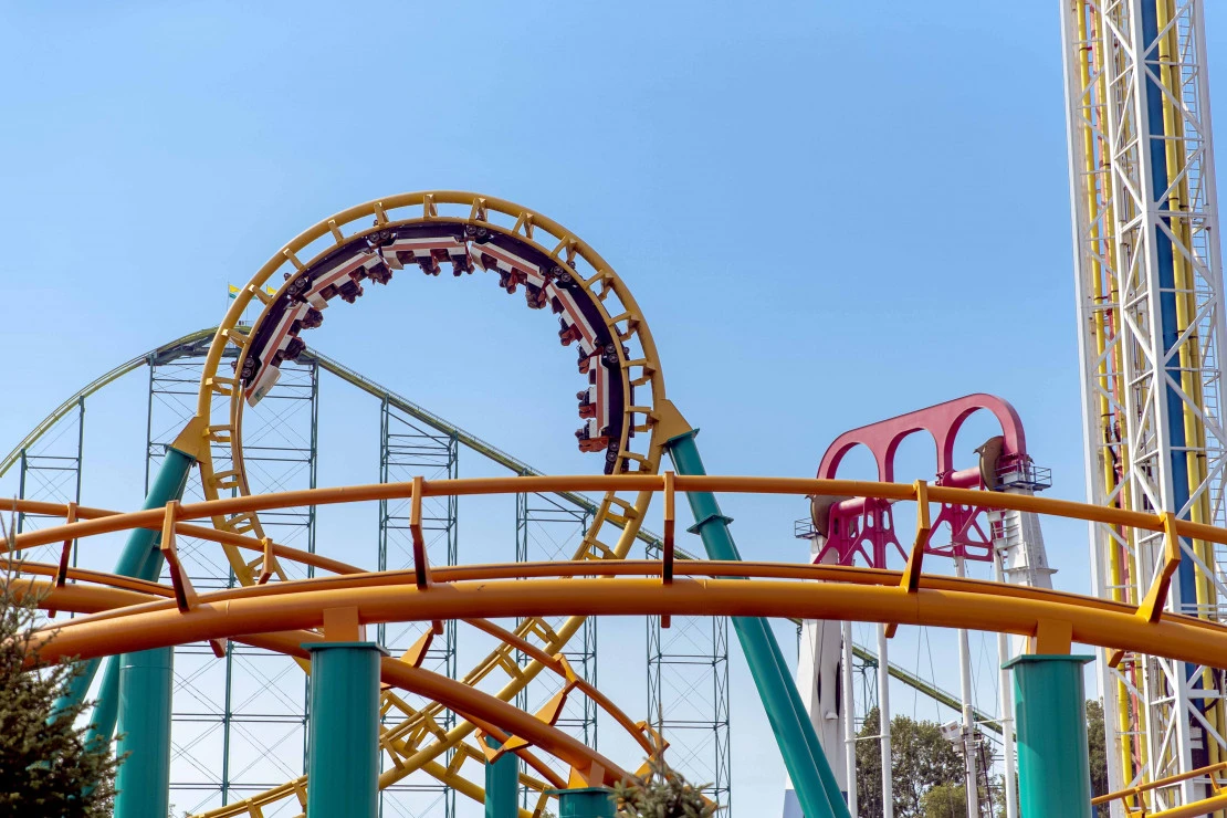 A roller coaster in an upside-down loop at Valleyfair amusement park.