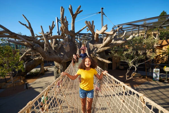 Kids run across a rope bridge at San Diego Zoo Wildlife Explorers Basecamp.