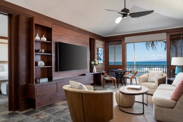 Superior Suite Oceanfront living room view to the ocean at Four Seasons Hualalai