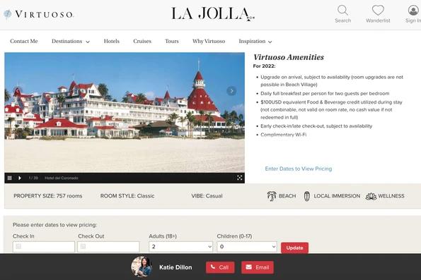 Screenshot of a Hotel del Coronado Virtuoso page