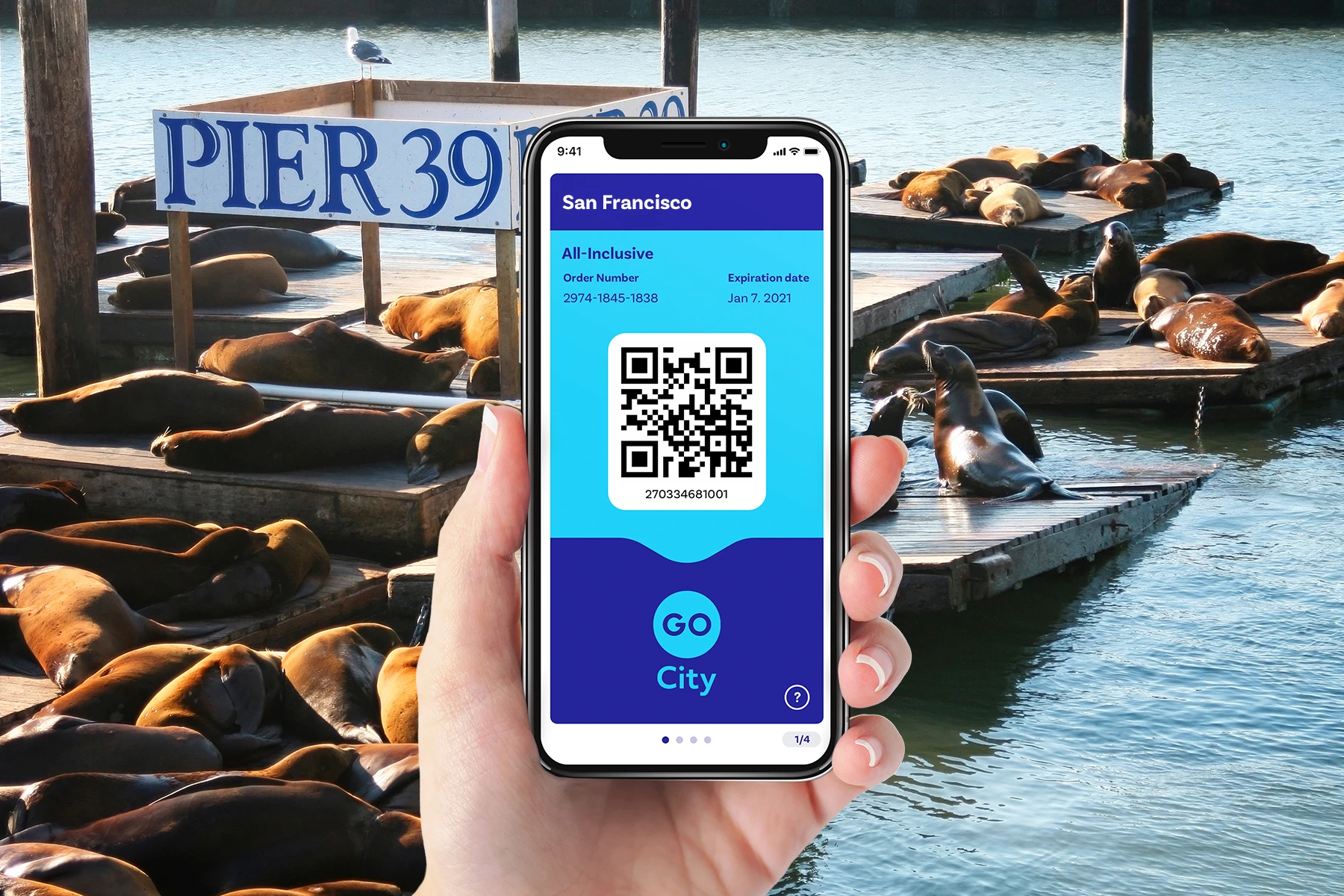A Go San Francisco pass shown on an iPhone in front of Pier 39.