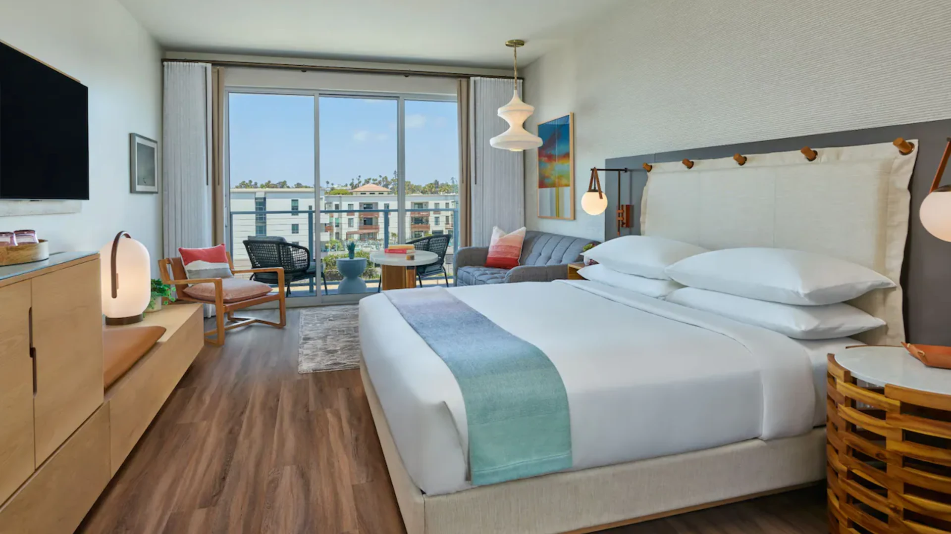 A king guest room at Mission Pacific hotel.