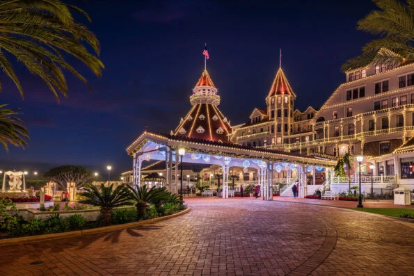 The resort's drive-up entrance with holiday lights and decor.