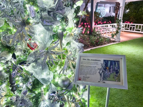 The Tin Woodman's tree decked out in silver ornaments and decor.