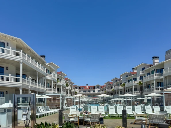 Shore House building view from the beach boardwalk.