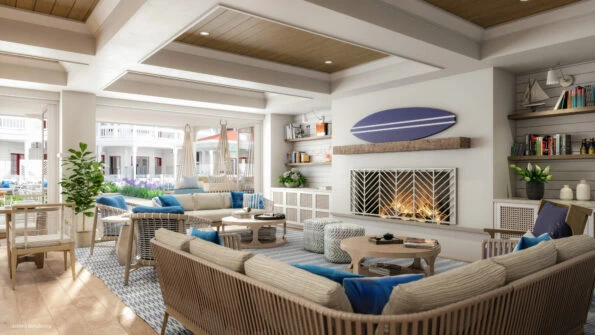 Lobby with seating and fire place inside Shore House