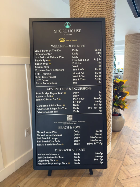 A black board in the lobby that gives the daily schedule at Shore House at The Del.
