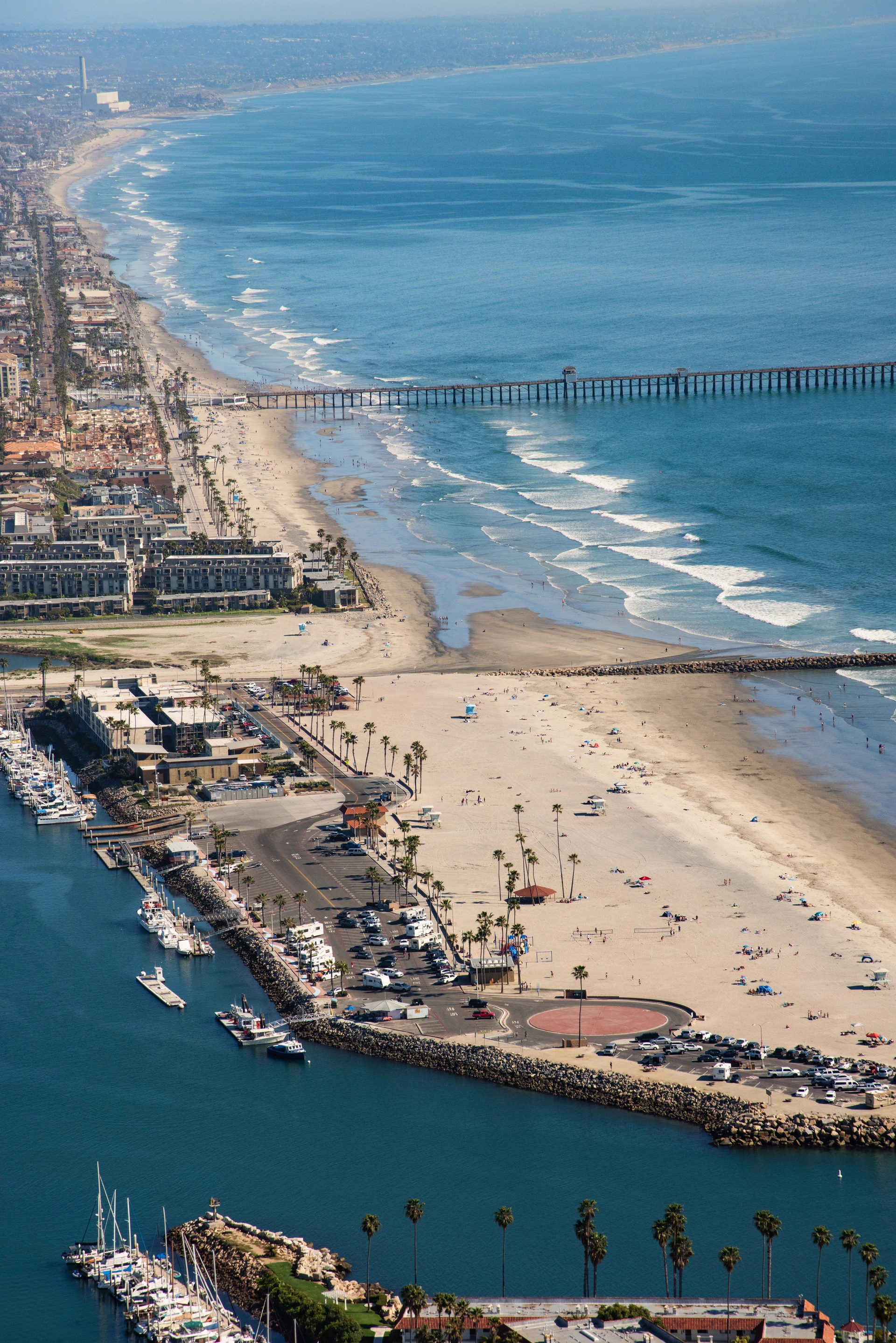 Aerial view of Oceanside Harbor Beach looking south toward Carlsbad.