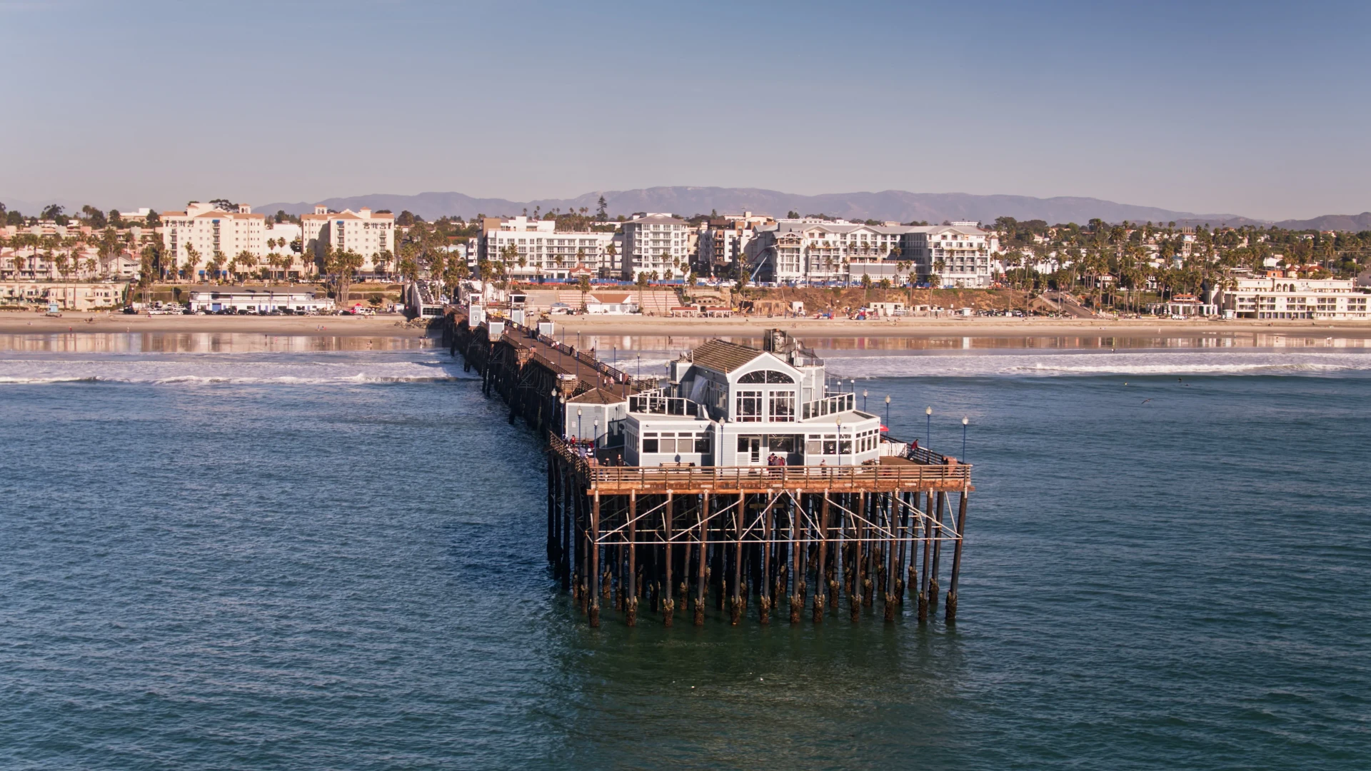 Aerial view of the end of Oceanside Pier