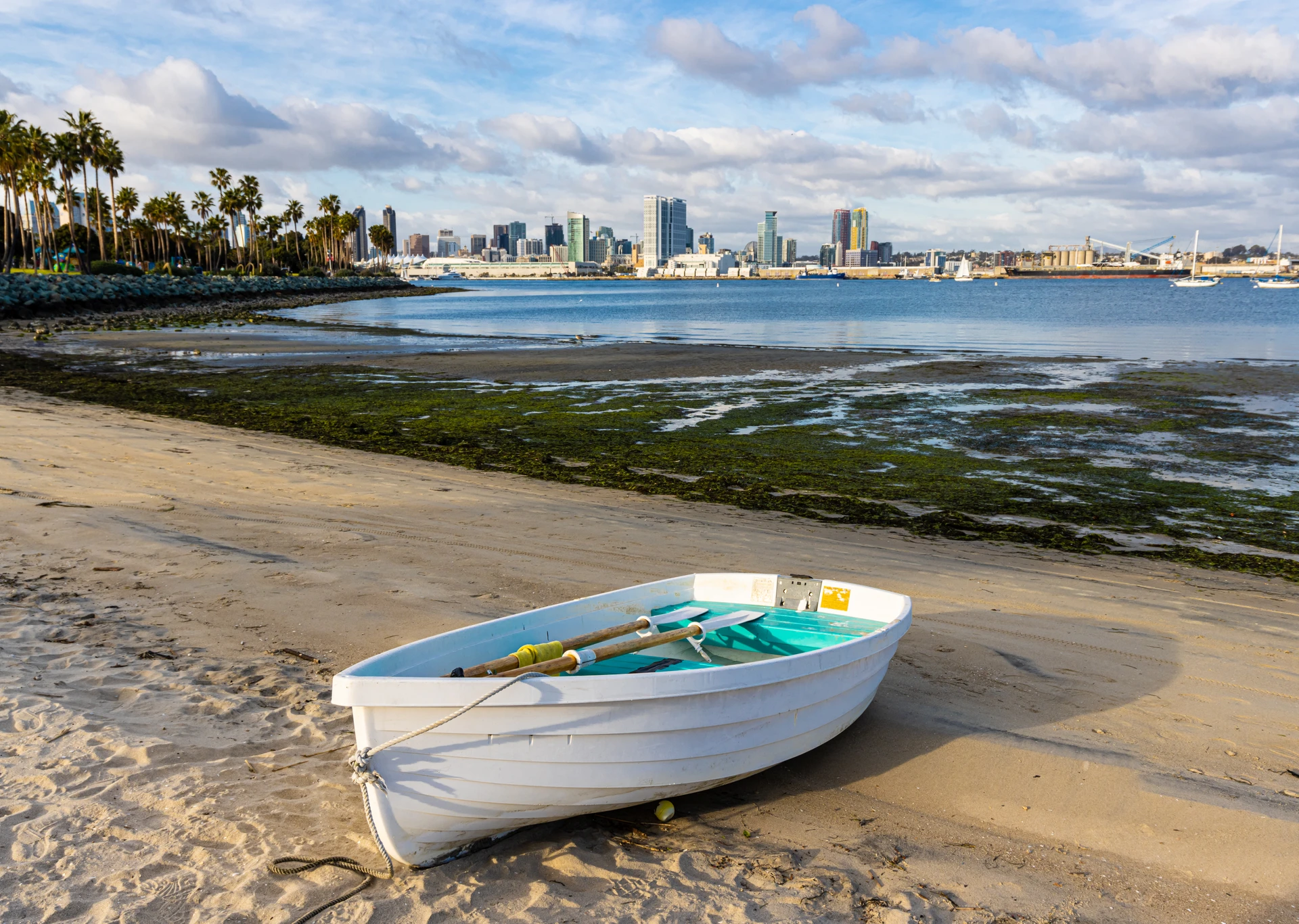 A row boat on Tidelands park beach in Coronado San Diego.