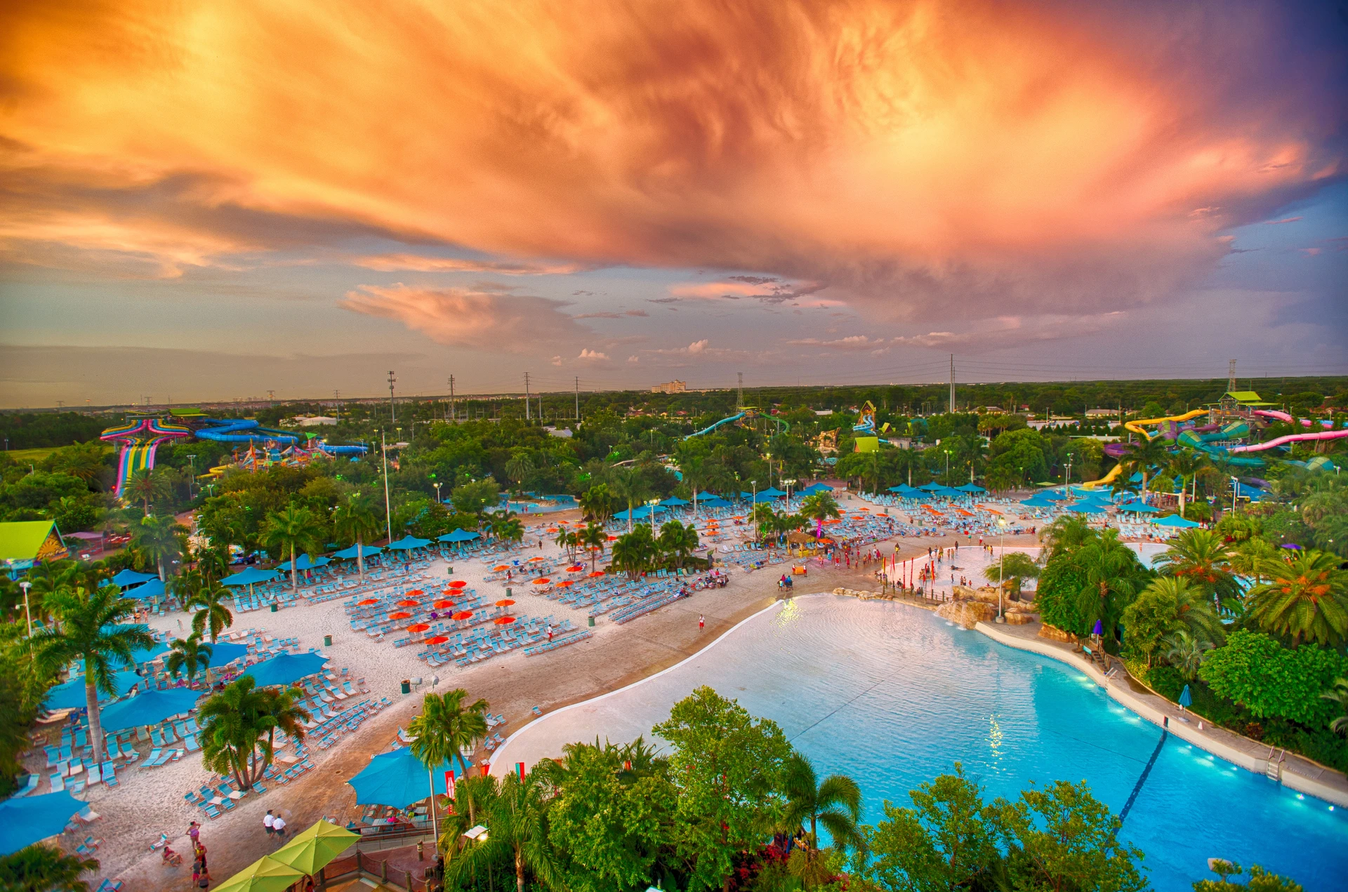 Sunset over Aquatica Orlando theme park.
