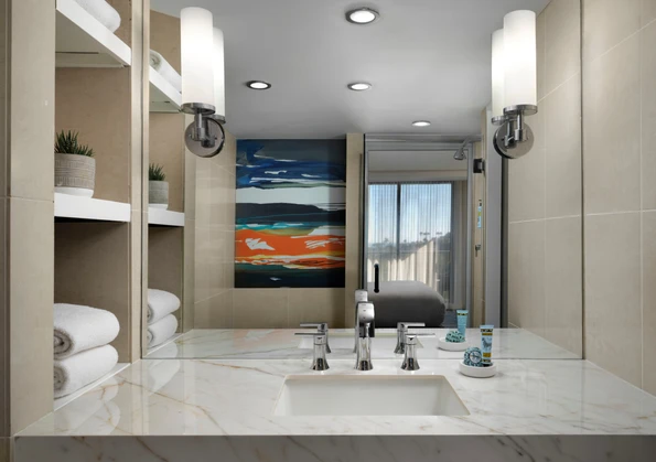 A marble sink in the renovated bathroom.