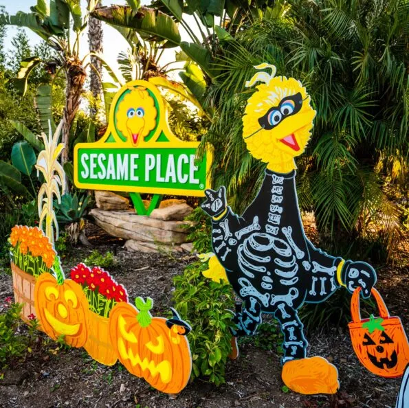 Sesame Place Halloween front gate showing Big Bird in costume