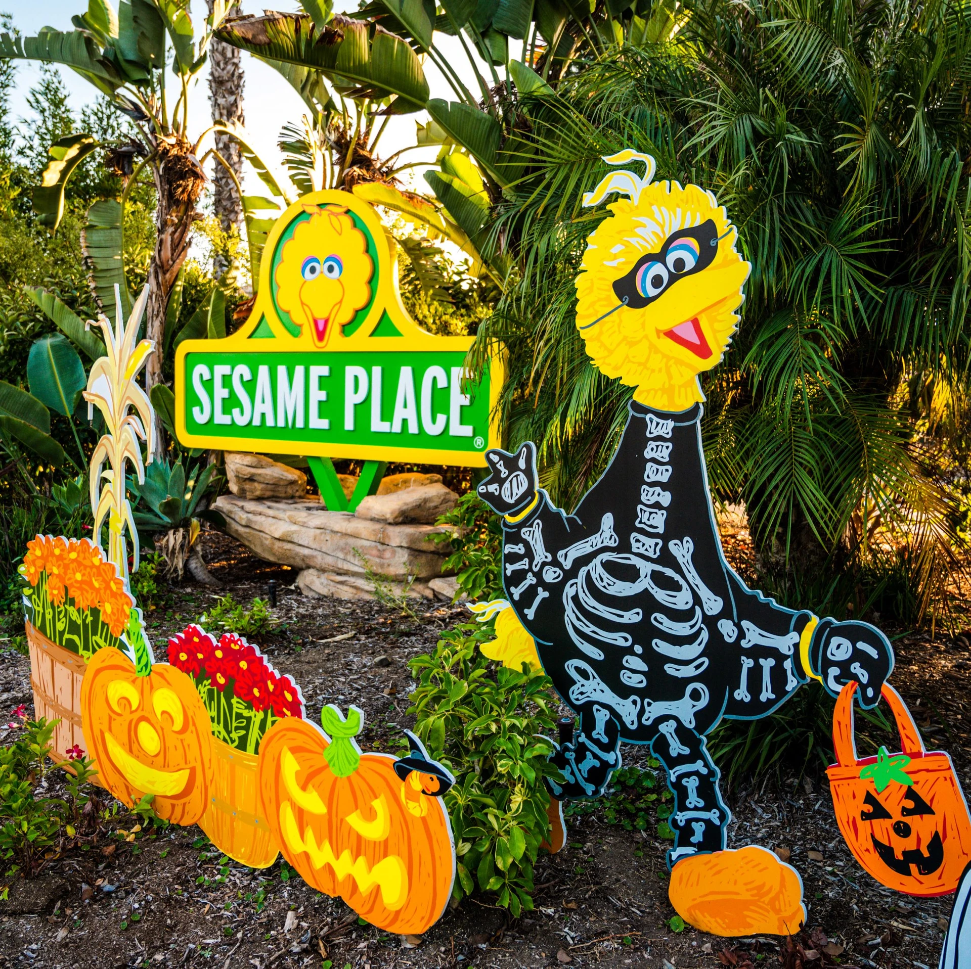 Sesame Place Halloween front gate showing Big Bird in costume
