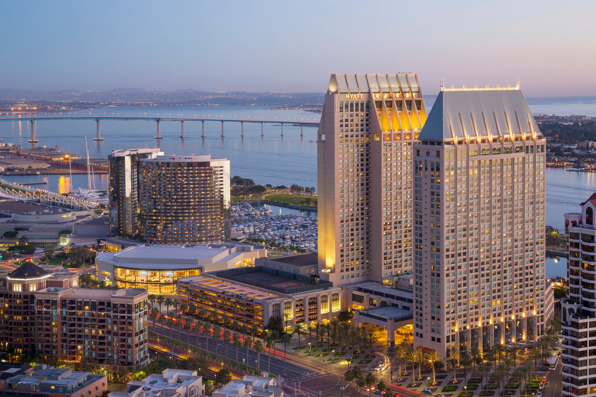 Manchester Grand Hyatt towers at sunset in San Diego.