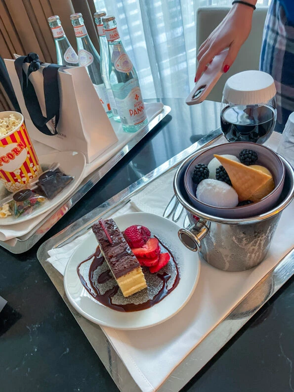 Boston cream pie and gelato from room service at Four Seasons One Dalton Street Boston.
