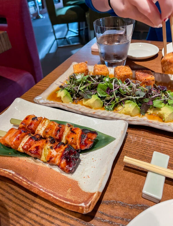 Fried tofu and chicken skewers at Zuma Boston