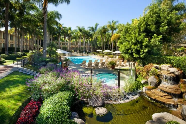 The outdoor swimming pool surrounded by tropical landscaping.