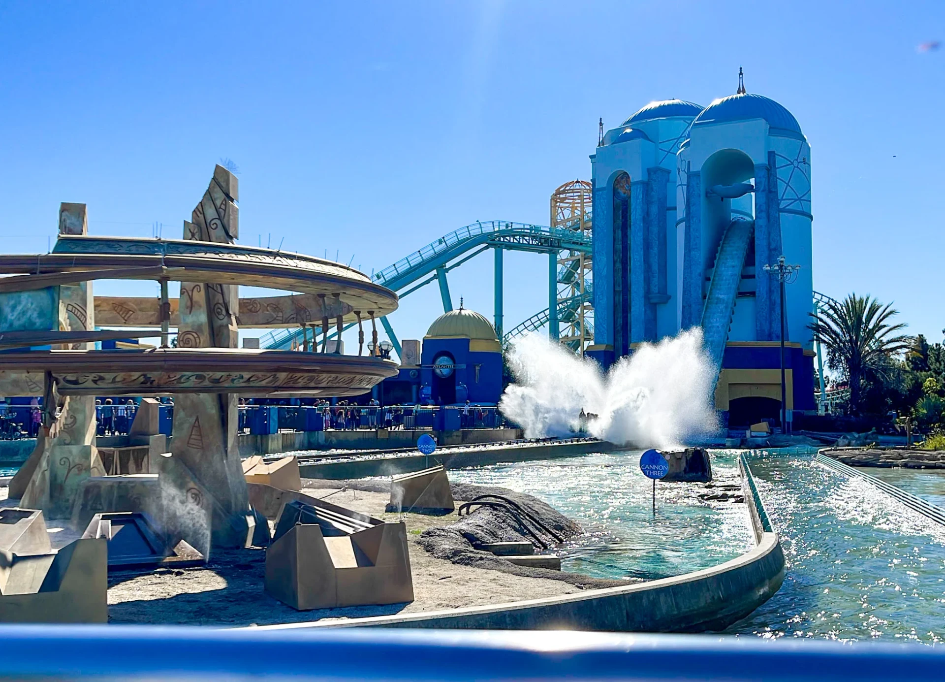 Journey to Atlantis flume ride making a big splash at the end.