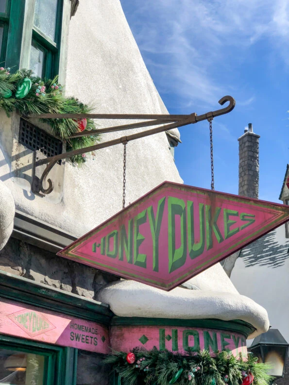 The Honeydukes sign at Universal Studios Hollywood on a sunny day.