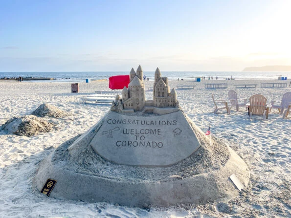 Sandcastle that says Welcome to Coronado.