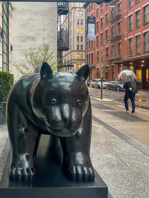 The 12' bronze cat sculpture outside of Crosby Street Hotel.