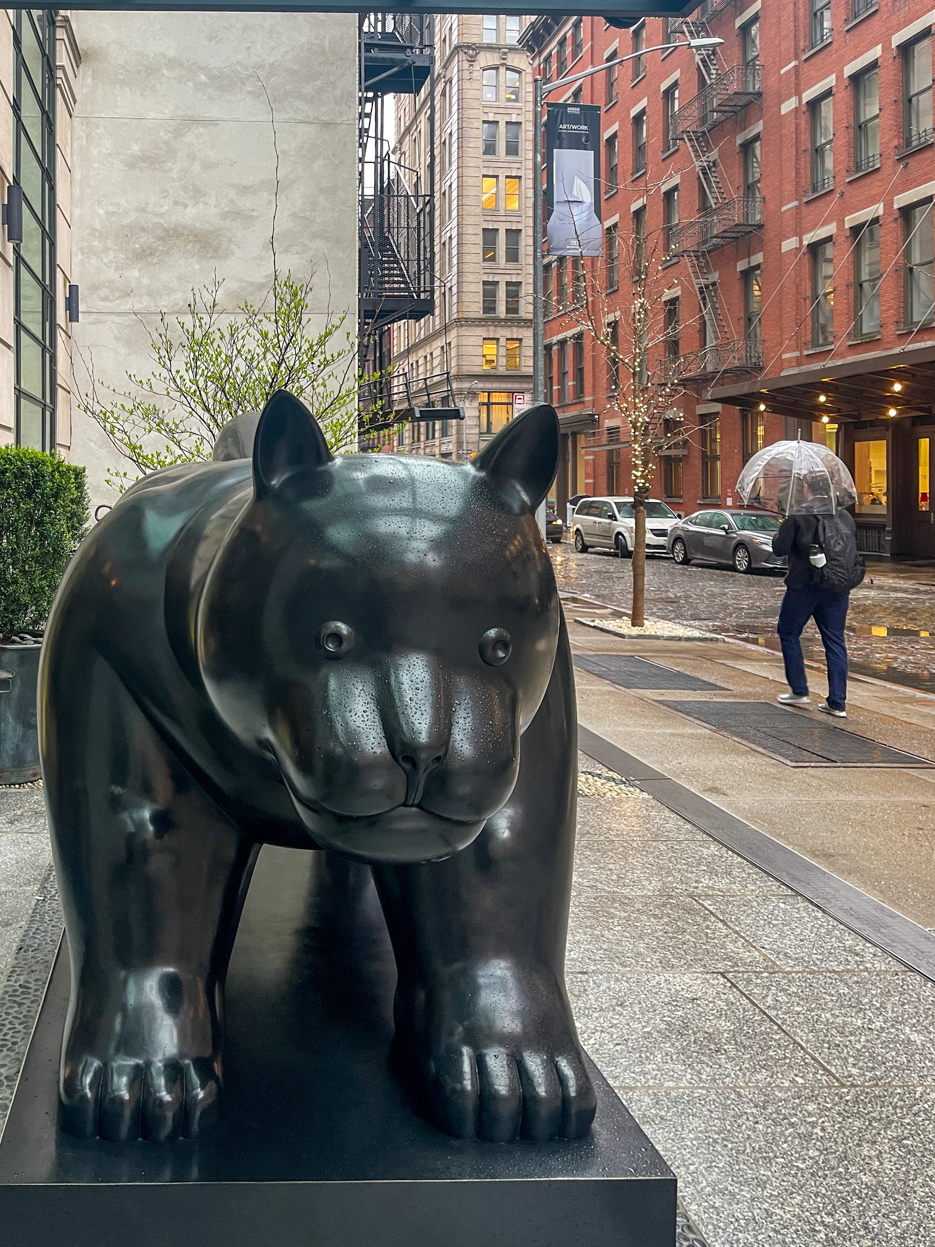 The 12' bronze cat sculpture outside of Crosby Street Hotel.