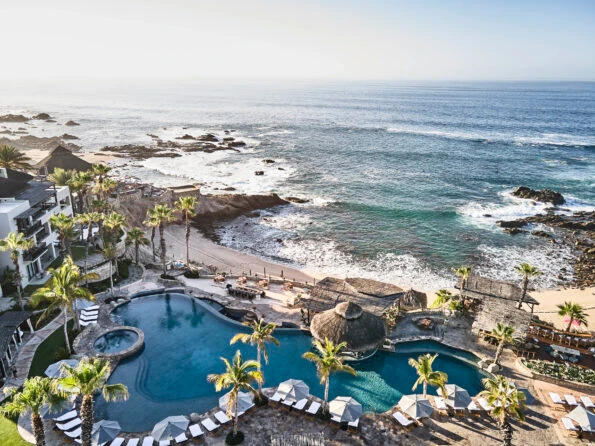 Aerial view of the pool and rocky beach at Esperanza.