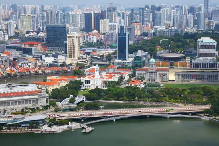 Aeriel view of the Civic District historic buildings in Singapore.