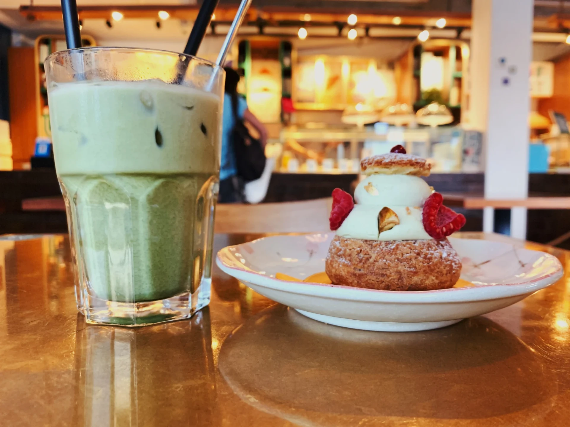Green tea ice latte and cake at Tiong Bahru Bakery Singapore