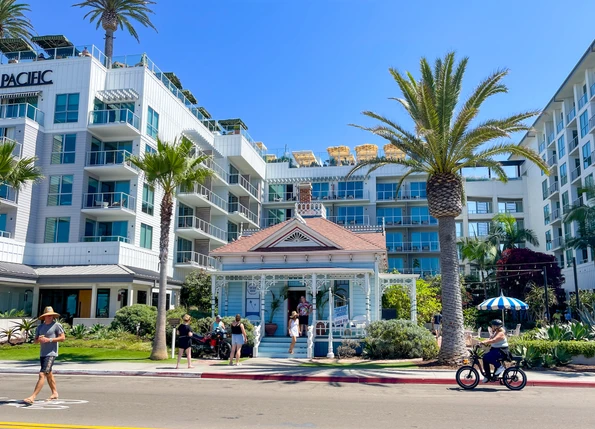 View of the Top Gun house with Mission Pacific Hotel in the background.