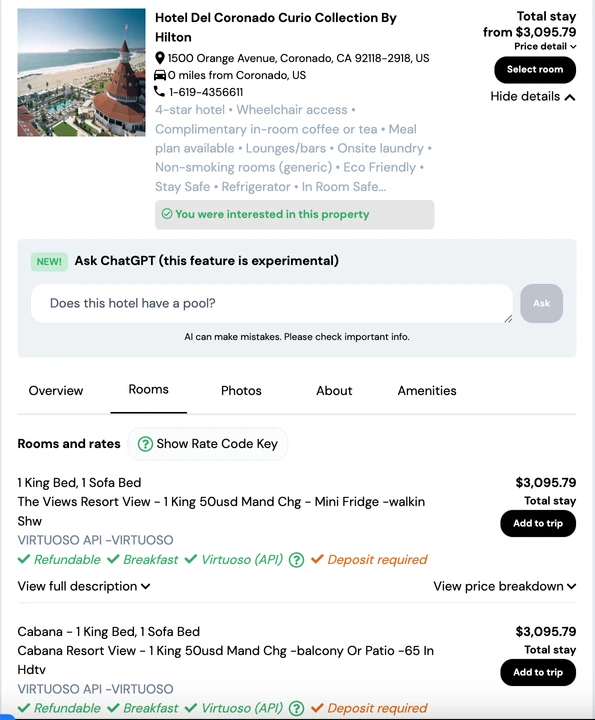 The TravelWits booking tool showing rates for Hotel del Coronado, each with its program name and cancellation policy.