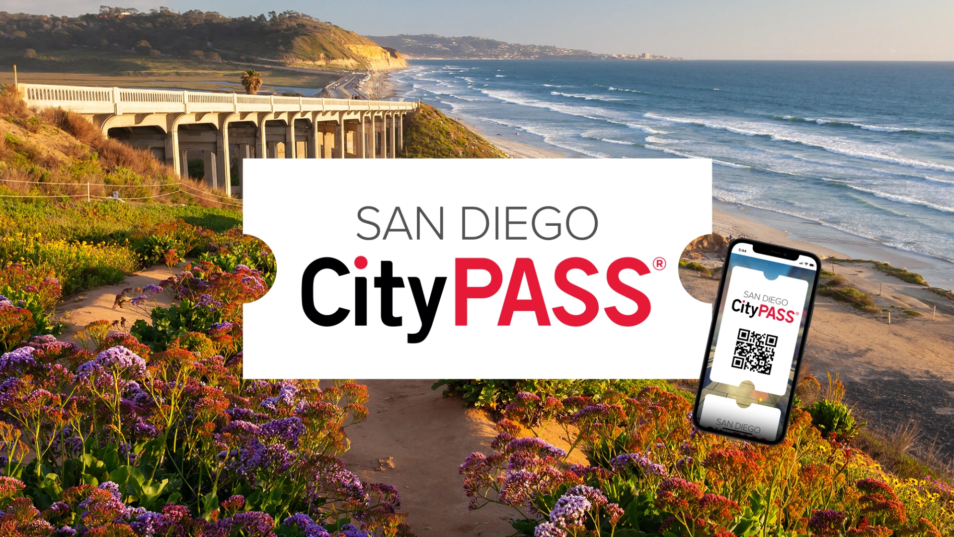 San Diego CityPASS logo on top of a Torrey Pines State Beach photo.