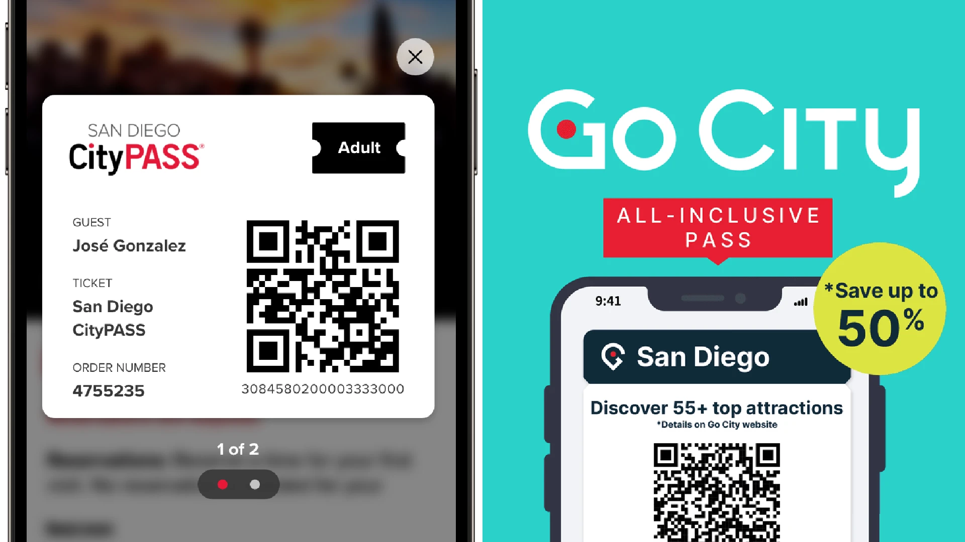Side by side San Diego CityPASS and Go City San Diego logos showing mobile tickets.