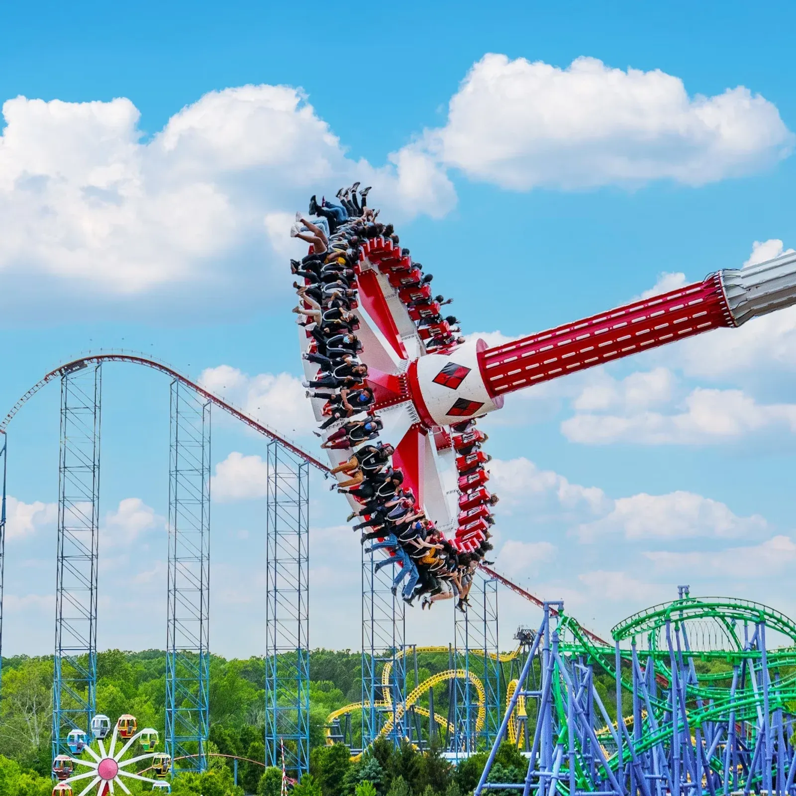 People enjoy a thrill ride at Six Flags Over Texas.,