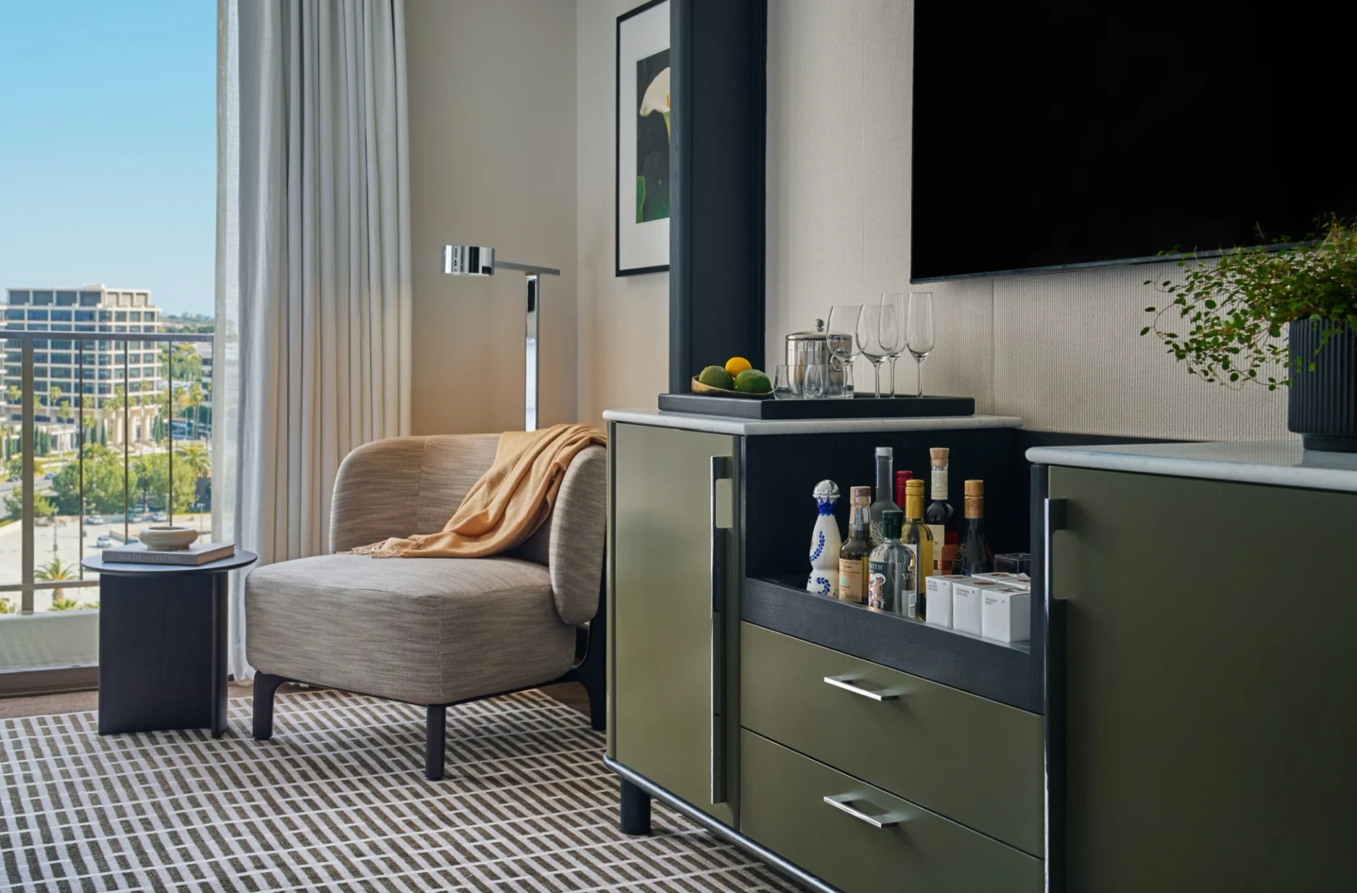 Well stocked room minibar at Pendry Newport Beach