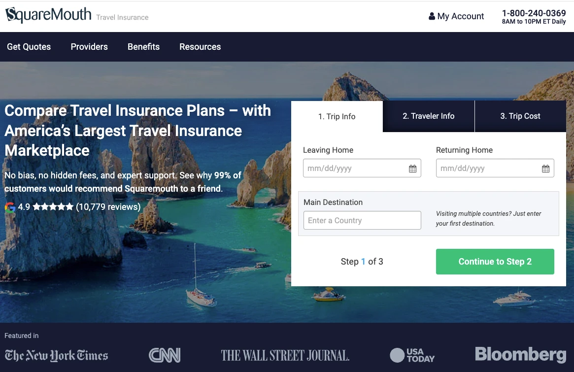 A screenshot of the Squaremouth website.