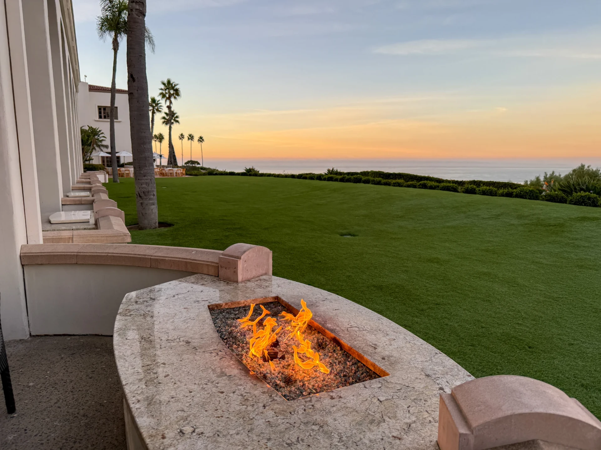 Our fire pit lit near sunrise at The Ritz-Carlton Laguna Niguel.