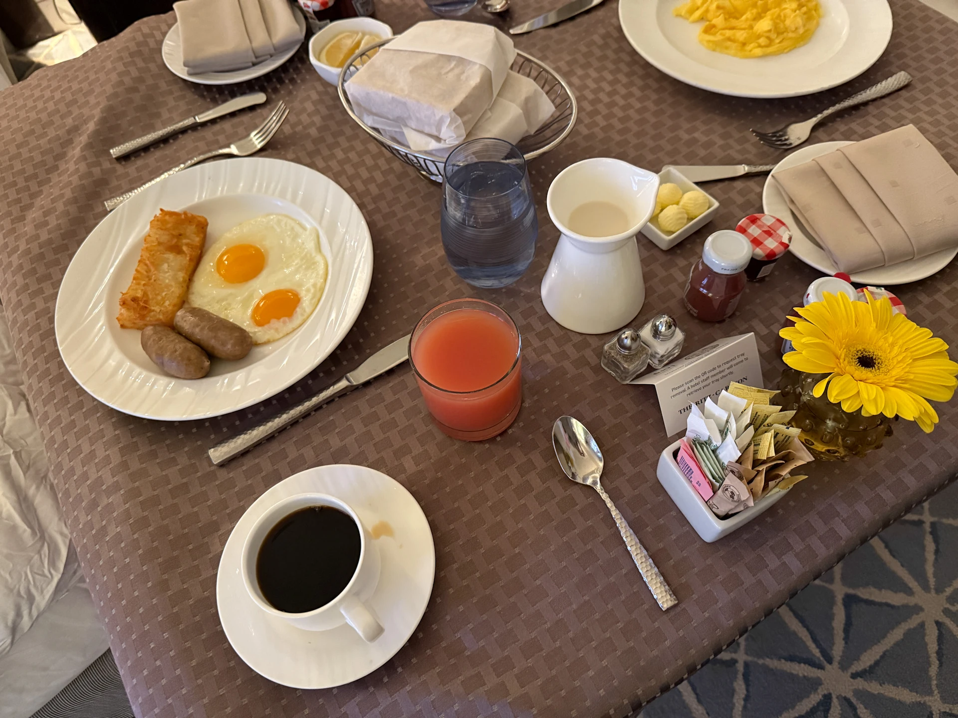 Our room service breakfast on its tray