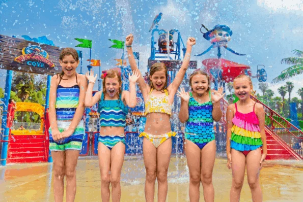 five girls having fun in buccaneer cove castle park