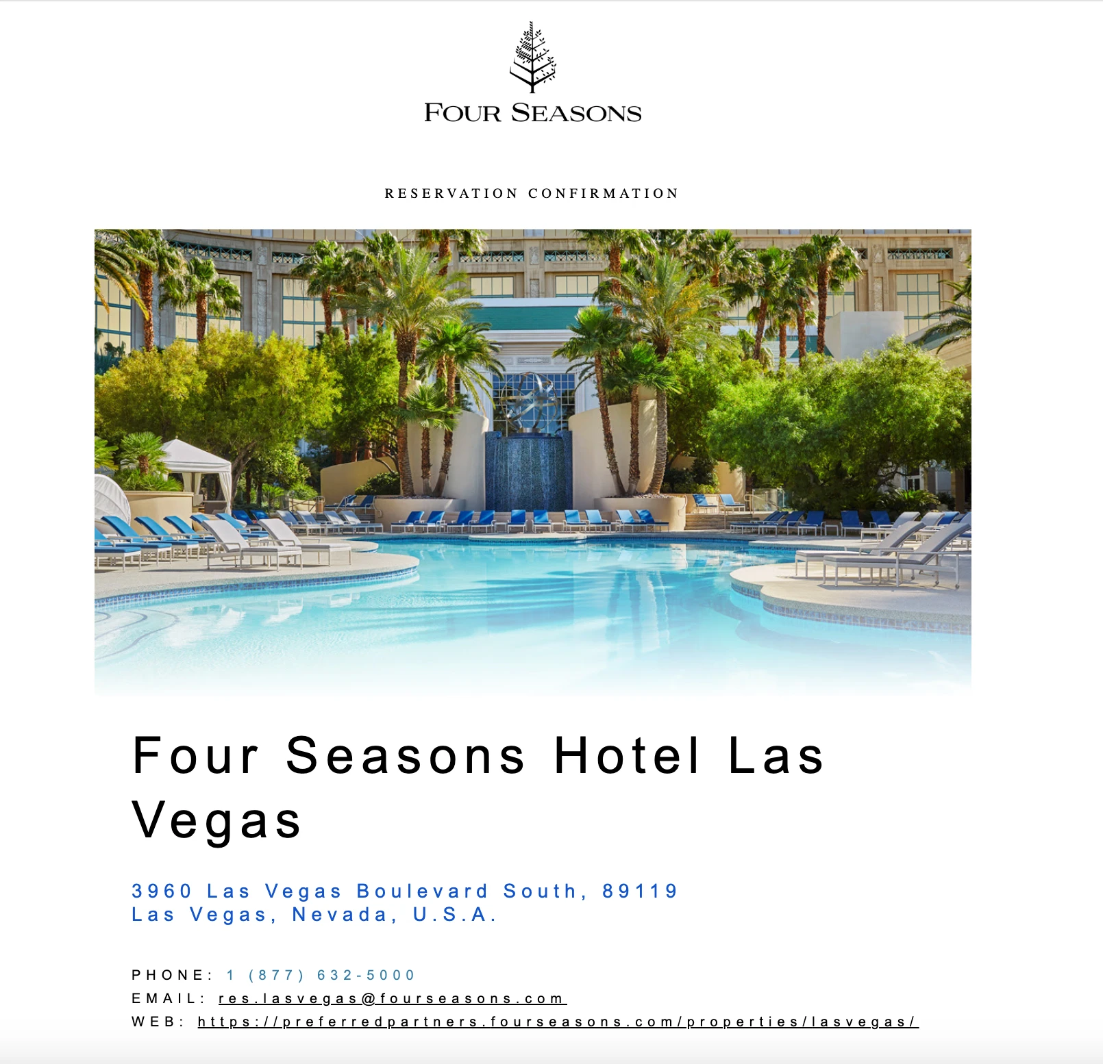A screenshot of my reservation confirmation for Four Seasons Las Vegas.