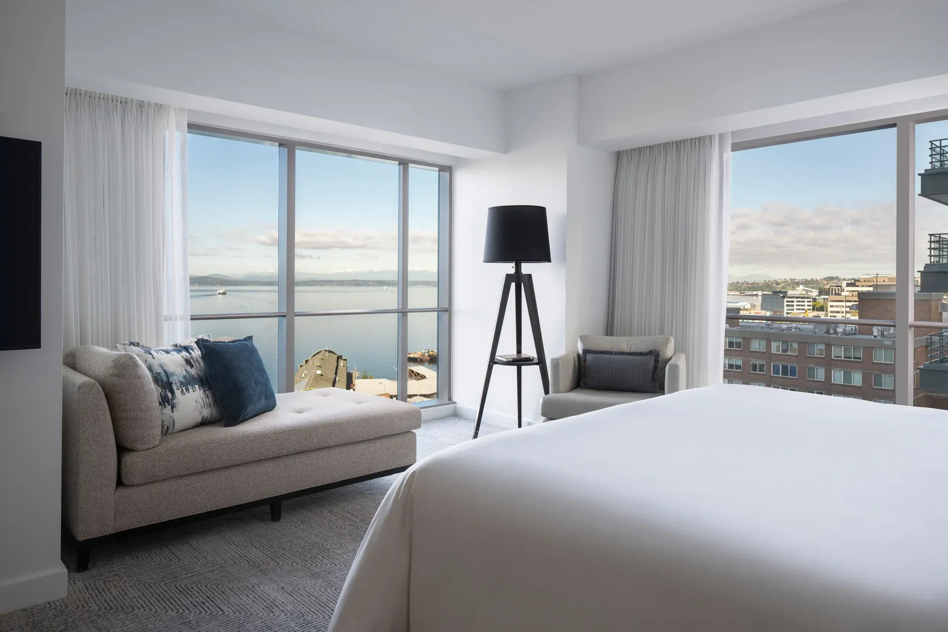 View from the bedroom out to the water from Elliott Bay Corner Suite