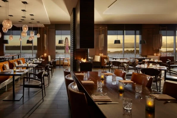 Interior of Goldfish Tavern with its bay view.