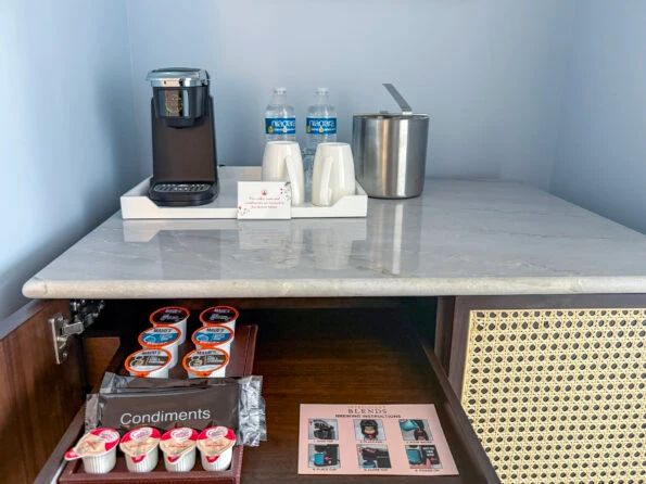 In-room coffee and bottled water set-up at Hotel del Coronado.