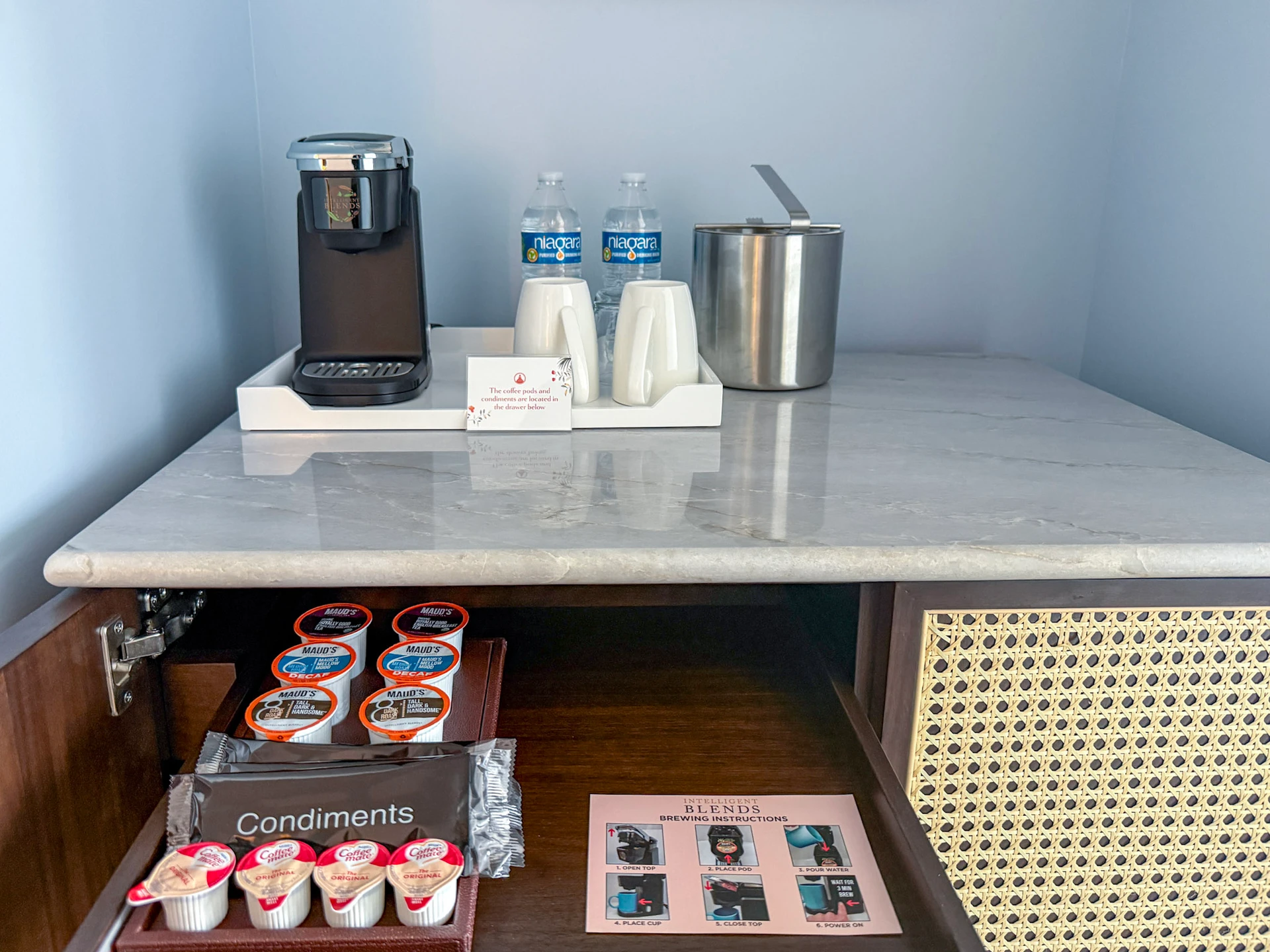 In-room coffee and bottled water set-up at Hotel del Coronado.